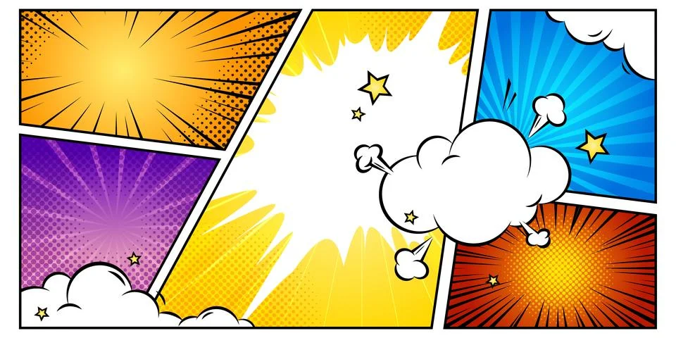 Colorful comic panels with cloud explosions Stock Illustration