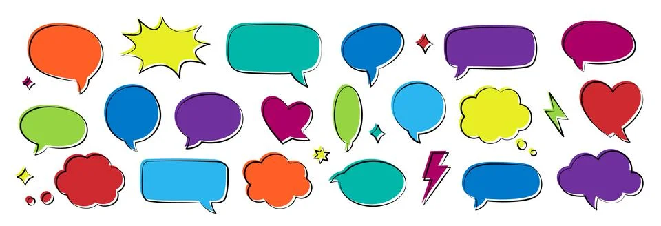 Colorful comic speech bubbles collection. Multicolor doodle talk balloons set Stock Illustration