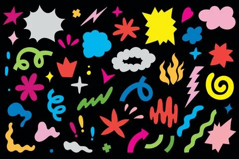 Colorful Comic Style Doodle Elements on Black Background イラスト素材