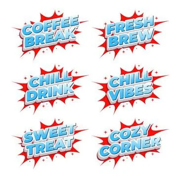 Colorful comic style words like coffee, brew, snack, video, sweet, cold Stock Illustration
