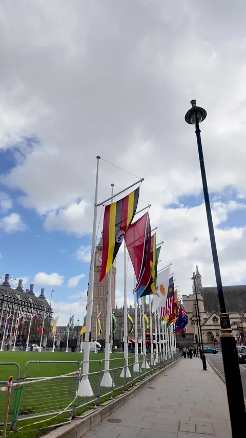 Colorful Commonwealth flags line the railings at Parliament Square Gardens in Vídeo Stock 332249977