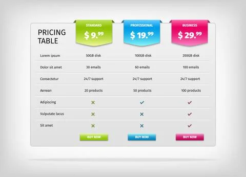 Colorful comparison pricing table template Stock Illustration