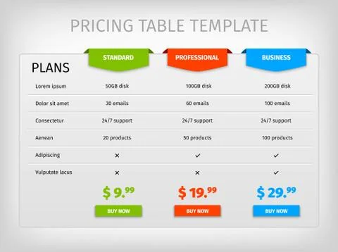 Colorful comparison pricing table template Stock Illustration