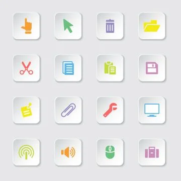 Colorful computer and technology flat icon set on rounded rectangle button Stock Illustration