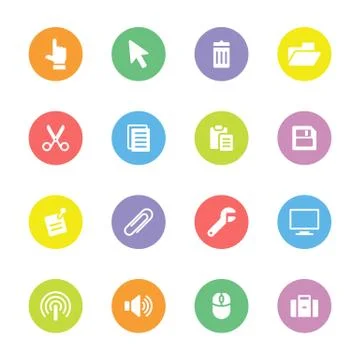 Colorful computer and technology flat icon set on circle Stock Illustration