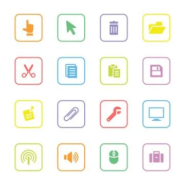 Colorful computer and technology flat icon set with rounded rectangle frame Stock Illustration