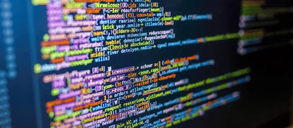 Colorful computer code on screen, programming language syntax highlighting,.. Stock Illustration