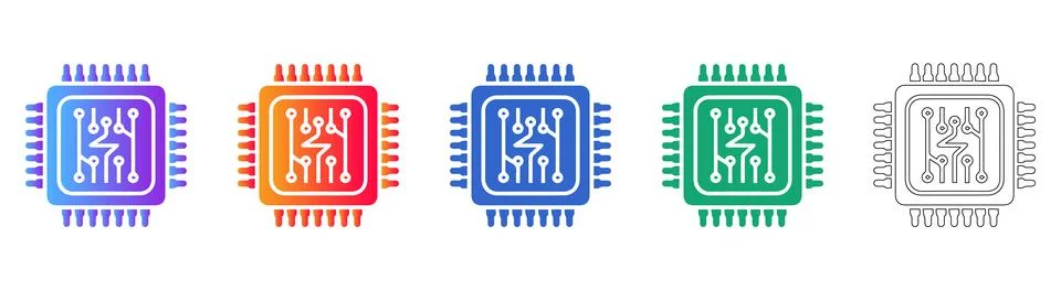 Colorful Computer Microchip Processor Icons Ilustración de archivo