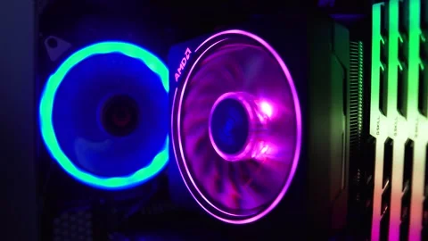 Colorful computer processor and fans Stockbeeldmateriaal 139567295