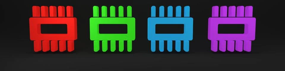 Colorful Computer processor with microcircuits CPU icon isolated on black b.. Illustrazione stock