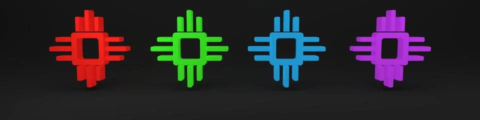 Colorful Computer processor with microcircuits CPU icon isolated on black b.. Illustrazione stock