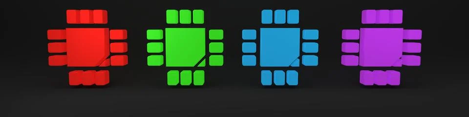 Colorful Computer processor with microcircuits CPU icon isolated on black b.. Illustrazione stock
