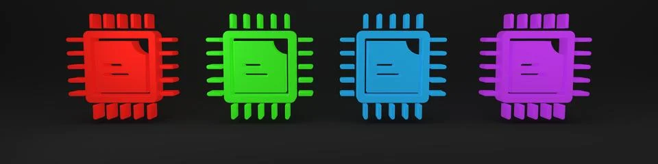 Colorful Computer processor with microcircuits CPU icon isolated on black b.. イラスト素材