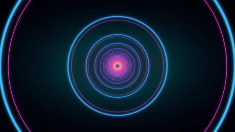 Colorful concentric circles with neon light effect on dark background Stock Footage 336994751