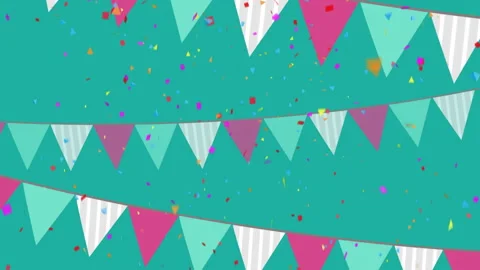 Colorful confetti and triangular flags animation over teal background Stock Footage 306342584