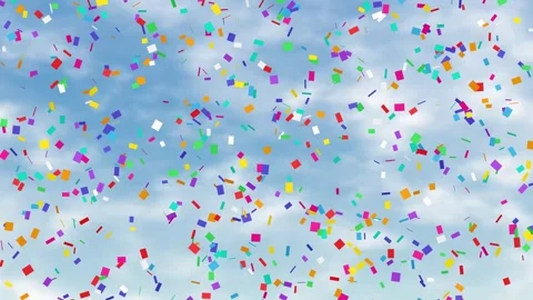 Colorful Confetti Falling Against a Bright Blue Cloudy Sky Background Stock Footage 341461690