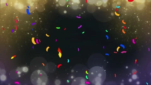 Colorful confetti falling on dark background with golden bokeh light effects Stock Footage 341907958