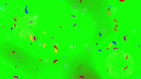 Colorful confetti falling down with bright fireworks explosions on green screen Stock Footage 340613216