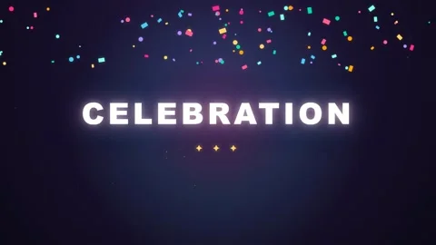 Colorful confetti falling over glowing celebration text on a dark purple Video stock 345430408