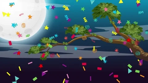 Colorful Confetti Falling Over Night Landscape with Full Moon and Trees 스톡 동영상 340381685
