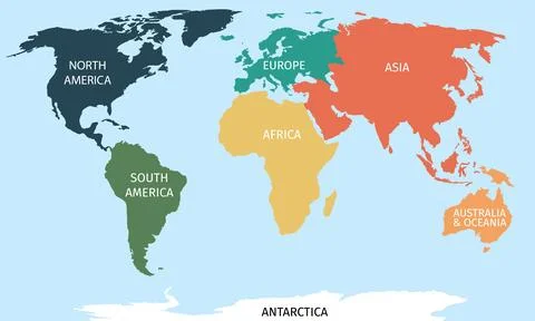 Colorful continents world map with text labels Illustrazione stock