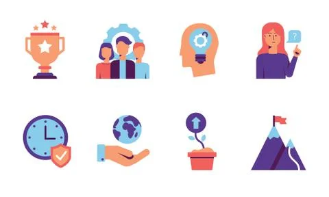 Colorful Core values icon set of eight icons for web. Stock Illustration