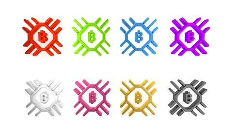 Colorful CPU mining farm icon isolated on white background. Bitcoin sign in.. Illustrazione stock