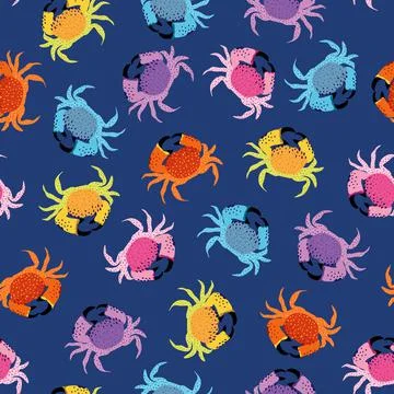 Colorful crabs seamless vector pattern on blue background イラスト素材