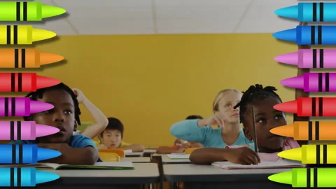 Colorful crayon border sliding in, elementary students raising hands for Stock Footage 315589769