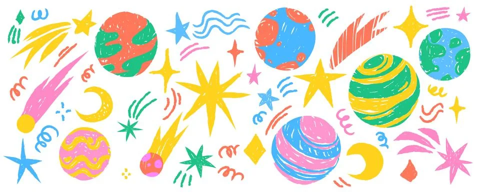 Colorful crayon doodle outer space sticker set Stock Illustration