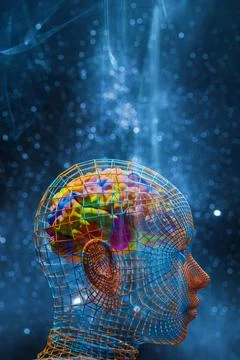 Colorful creative brain inside human wireframe head. Creativity, learning and Stock Illustration