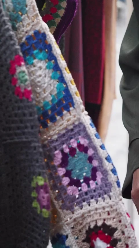 Colorful crochet patchwork at local craft market Stock Footage 317666149