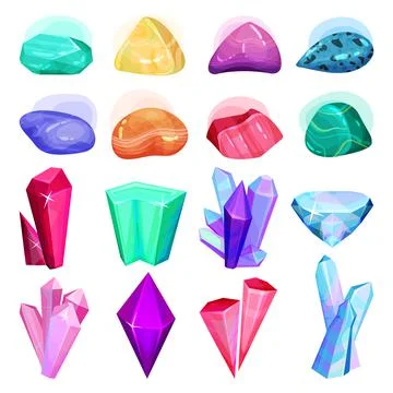 Colorful Crystal or Crystalline Solid Forming Geometrical Shape Big Vector Set Stock Illustration