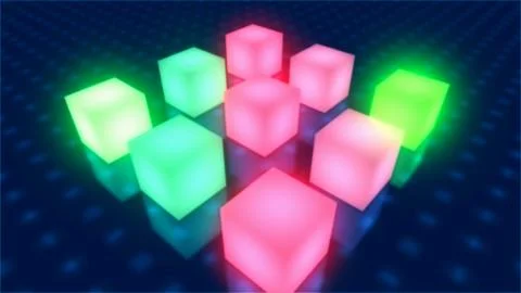 Colorful cubes with nice glowing lights and reflection of shadows on shiny su Stock Illustration