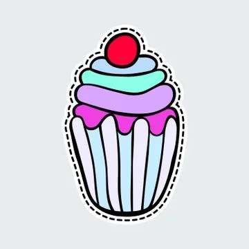 Colorful cupcake in patch style. Clip Art for sticker or pin. Stock Illustration