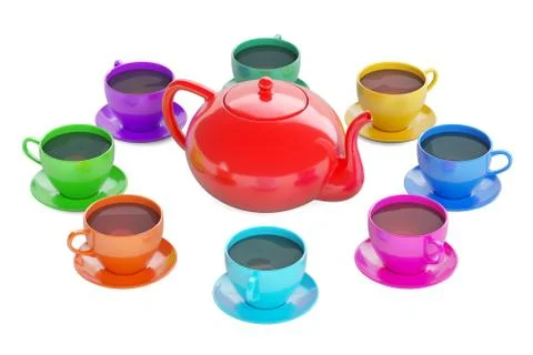 Colorful cups with teapot, 3D rendering Stock Illustration