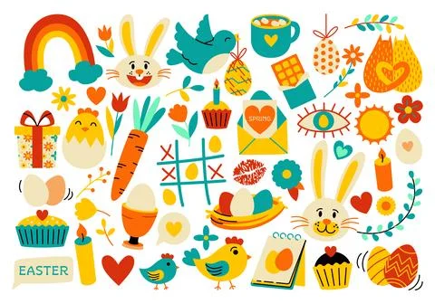 Colorful cute set of Easter stickers and illustrations in flat style Stock Illustration