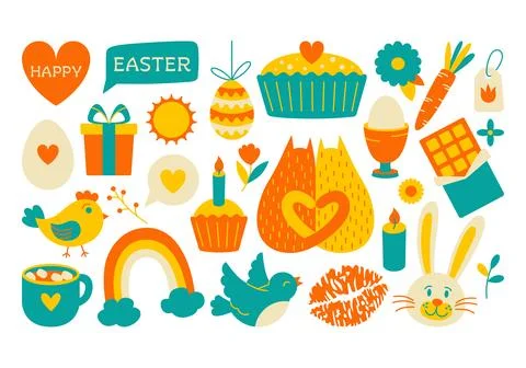 Colorful cute set of Easter stickers and illustrations in flat style 스톡 일러스트