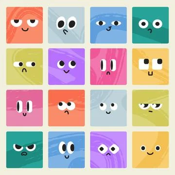 Colorful Cute Square Faces Grid Showing Various Emotions and Expressions Illustrazione stock