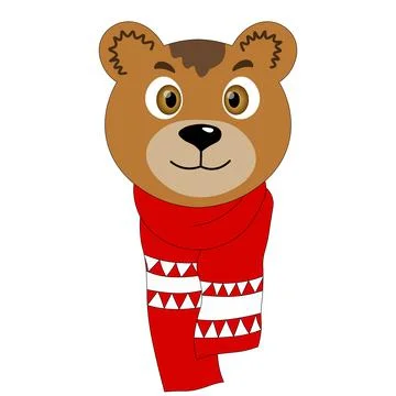 Colorful cute vector bear face in a winter scarf. One object on a white Stock Illustration