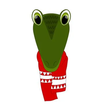 Colorful cute vector crocodile face in a winter scarf. One object on a white Stock Illustration