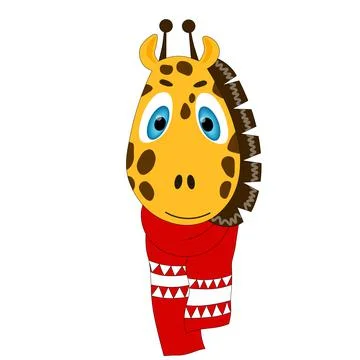 Colorful cute vector giraffe face in a winter scarf. One object on a white Stock Illustration