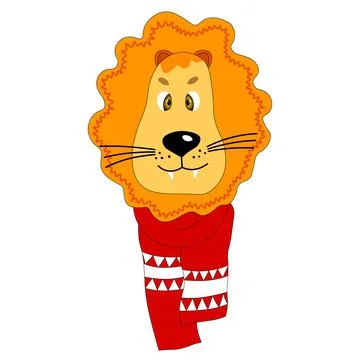 Colorful cute vector lion face in a winter scarf. One object on a white Stockillustratie