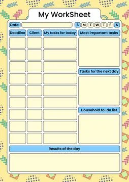 Colorful Daily Worksheet Template for Task Management Stockillustratie
