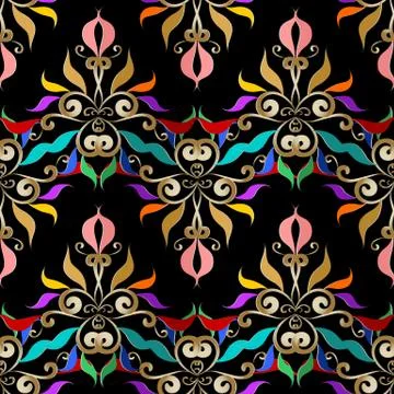 Colorful damask seamless pattern. Vector floral black background with multico Stock Illustration