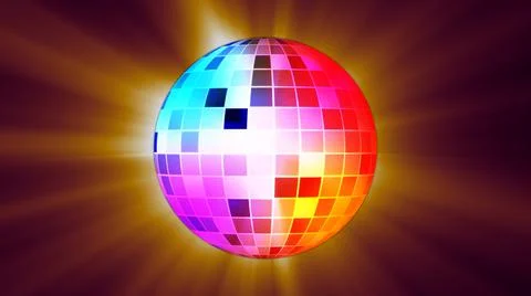 Colorful Dance Lighting Rotating Disco Ball And Dazzling Light Burst 3D  Illustrazione stock