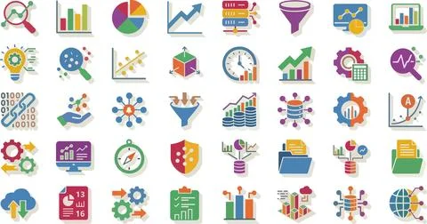 Colorful data analytics and management icons Stock Illustration