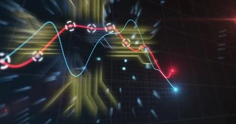 Colorful data graphs and circuit lines image over dark background with blue Stock Illustration