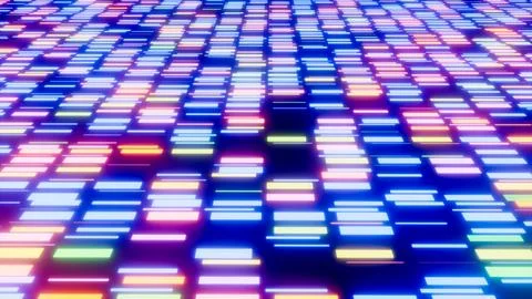 Colorful data stream flowing on dark blue futuristic grid background Stock Illustration