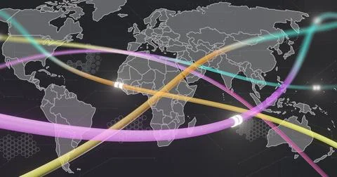 Colorful data streams image over world map with network connections Stock Photos